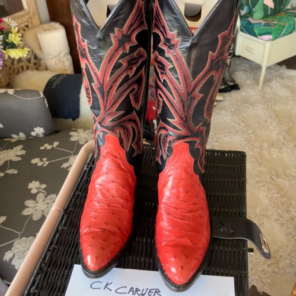 Red Ostrich Tony Lama, Excellent Carver Care Condition, Cowgirl Boots - Picture 7 of 7